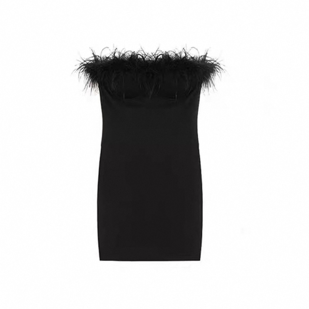 Chic Black Off-Shoulder Dress with Feather Detail